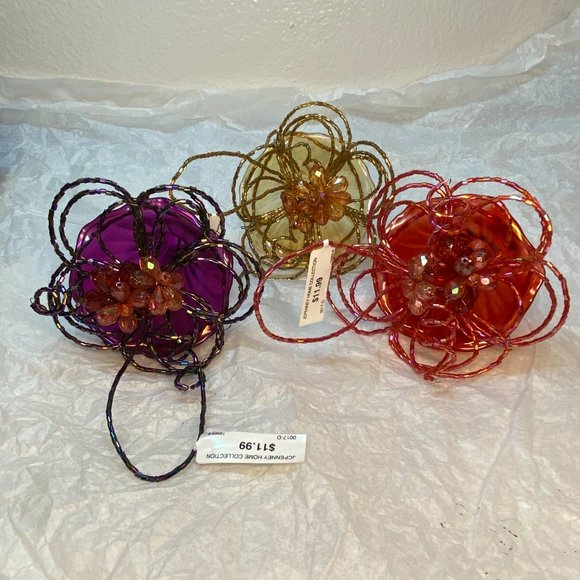 Christmas Ornaments Glass Lily W Beaded Color Purple Red Gold Set of 3 NWT - Picture 3 of 14